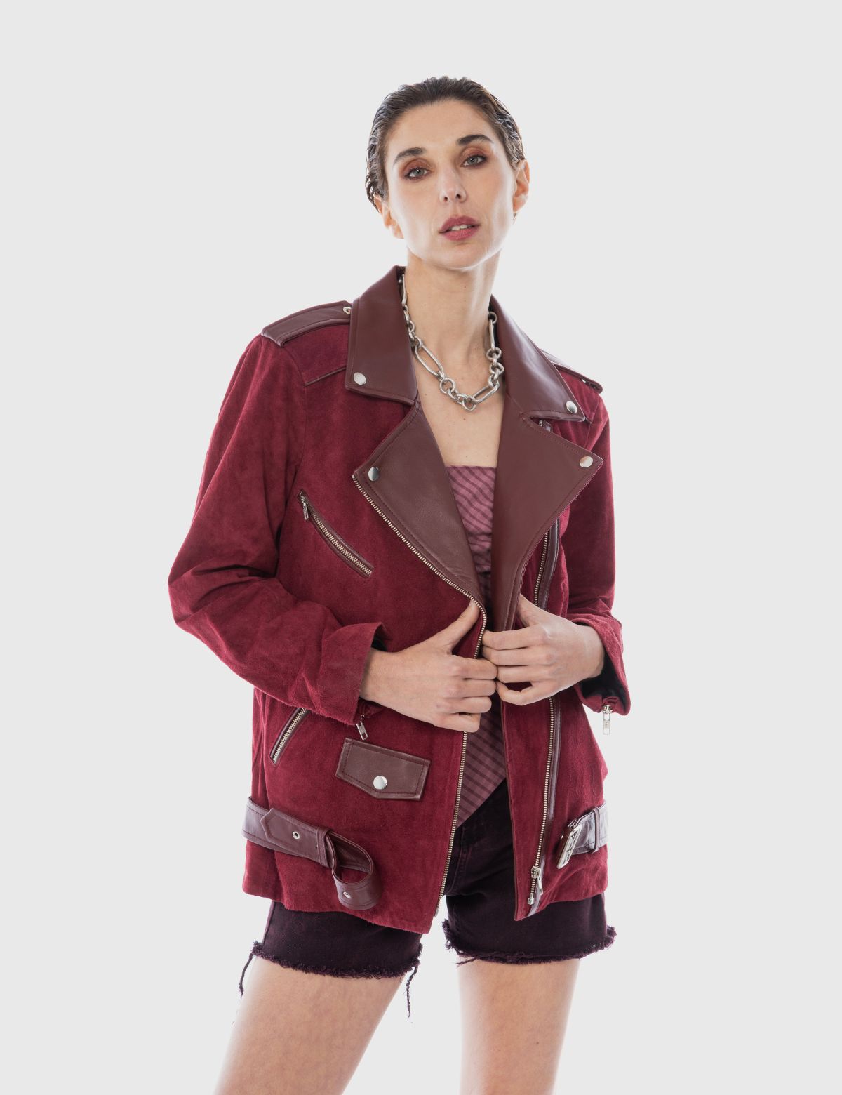 Chaqueta moto oversize gamuza Naomi burdeo