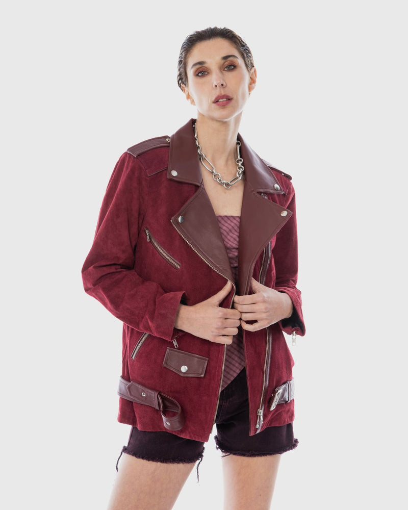 Chaqueta moto oversize gamuza Naomi burdeo