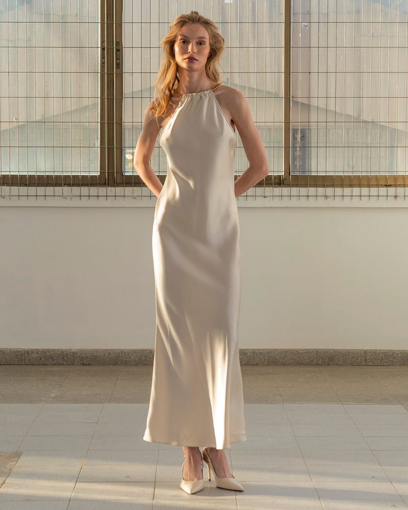 Vestido Raso Metal Hueso