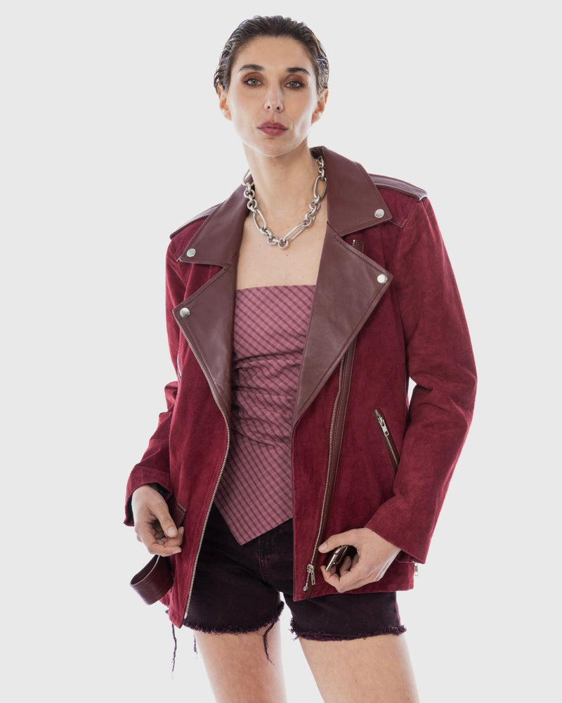 Chaqueta moto oversize gamuza Naomi burdeo