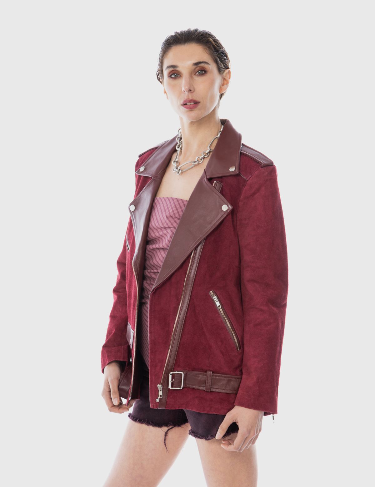 Chaqueta moto oversize gamuza Naomi burdeo