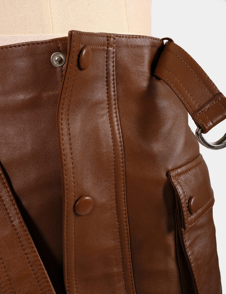 Mini falda cuero Pockets café