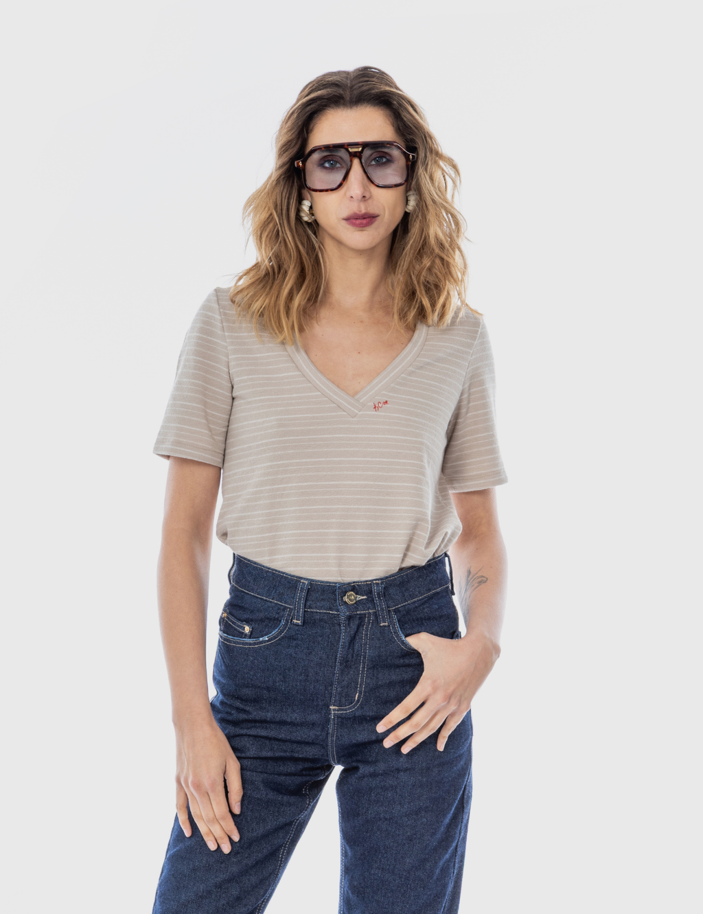 Polera viscosa Kate rayas beige